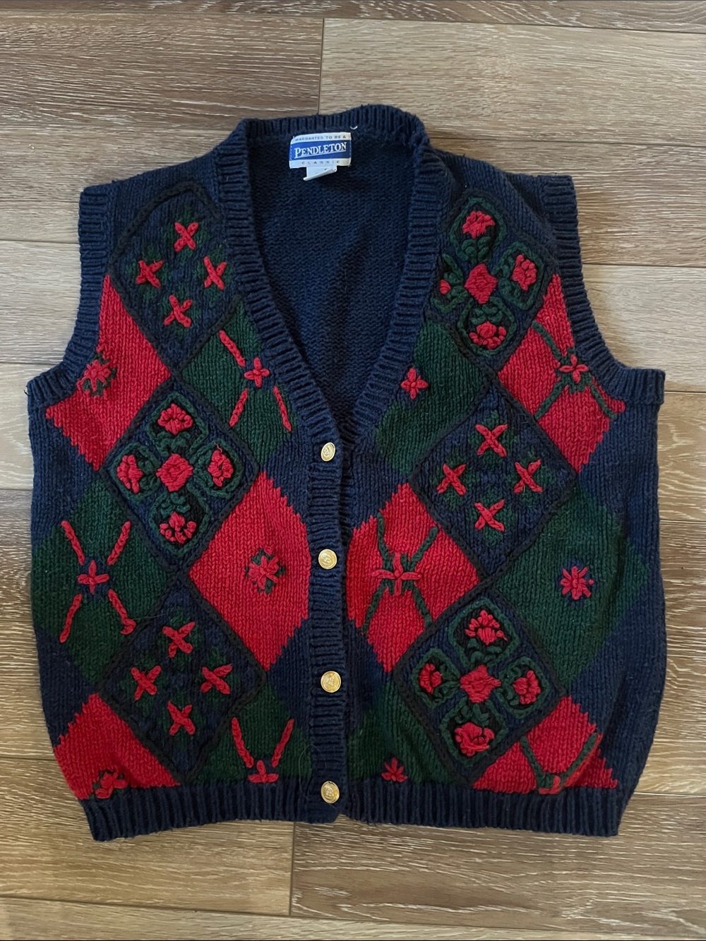Vintage Pendleton Navy Red Green Argyle Embroidered Wool Cardigan Vest